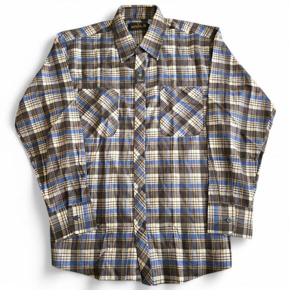 Men's Flannel Shirt L Plaid Button Down LS Brown Blue Western Workwear Outdoor - Picture 1 of 13